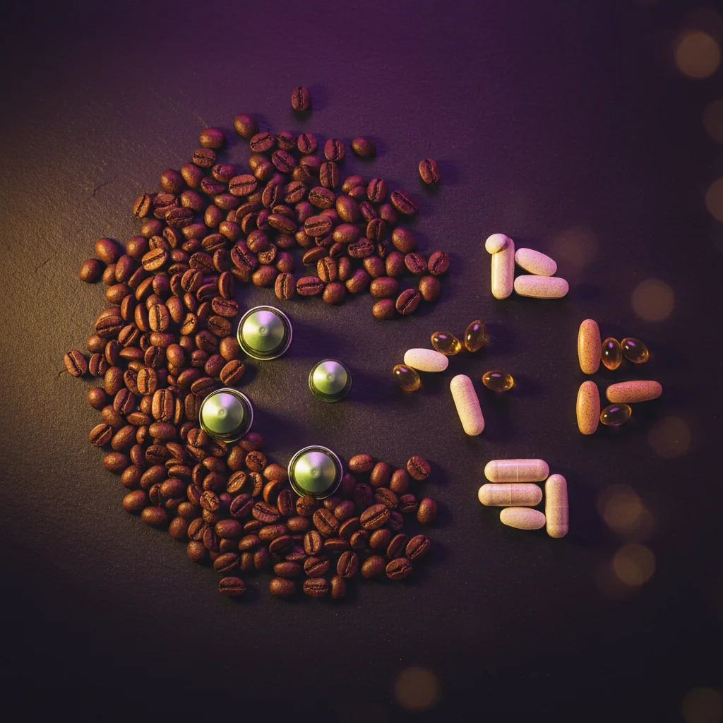Kaffee mit Nährstoffen angereichert - Kaffeebohnen und Supplement-Zutaten